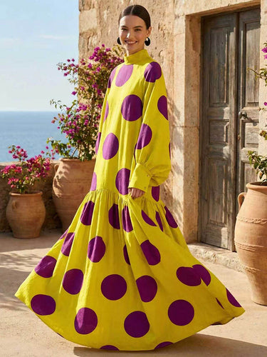 Long Sleeves Loose Big Hemline Contrast Color Pleated Polka Dot Split-Joint Half Turtleneck Maxi Dresses