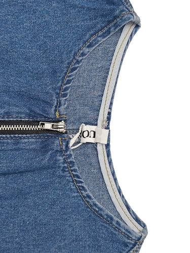 Hoch taillierte, ärmellose, plissierte Taschen, einfarbige Overalls mit Reißverschluss und Rundhalsausschnitt