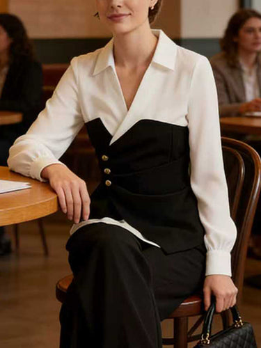 Elasticated Waist Irregularity Asymmetric Buttoned Contrast Color Split-Joint V-Neck Blouses&Shirts Tops