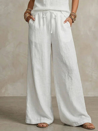 1783102 Loose Wide Leg Elasticity Pockets Solid Color Tied Pants Trousers
