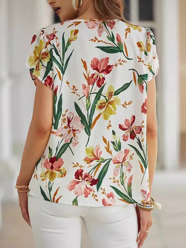 1783975 Loose Short Sleeves Contrast Color Flower Print V-Neck Blouses&Shirts Tops