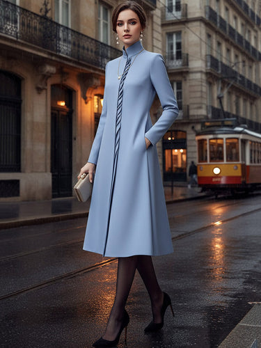 A-Line Bodycon Asymmetric Pleated Pockets Solid Color Split-Joint Stand Collar Midi Dresses