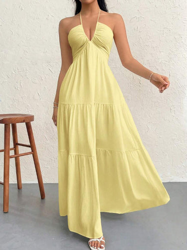 1777353 Corte en A Suelto Sin Espalda Plisado Color Sólido Dividido Escote Halter Midi Vestidos