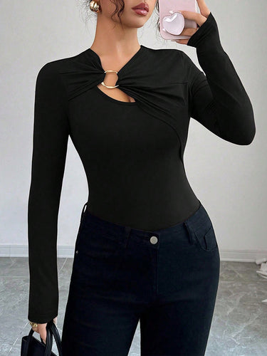 1715889 Long Sleeves Skinny Solid Color Split-Joint Asymmetric Collar T-Shirts