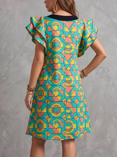1788525 Printed Contrast Color Buttoned Short Sleeves Ruffle Sleeves V-neck Midi Dresses