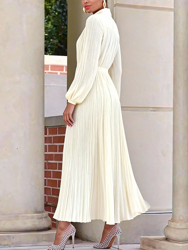 1735489 Elasticated Waist High Waisted Belted Pleated Solid Color Lapel Maxi Dresses Shirt Dress