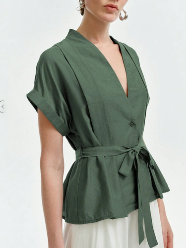 1786146 Loose Short Sleeves Buttoned Solid Color Tied Waist V-Neck Blouses&Shirts Tops