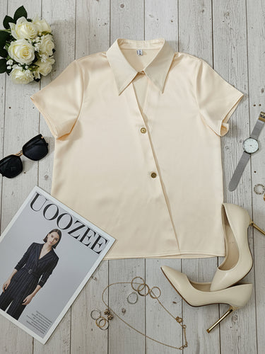 Short Sleeves Buttoned Solid Color Lapel Blouses&Shirts Tops