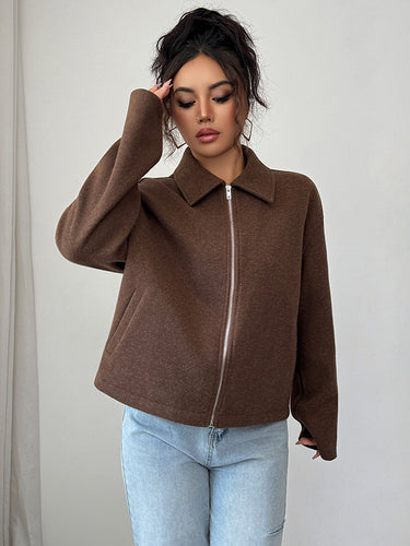 1721779 Long Sleeves Loose Solid Color Zipper Lapel Outerwear