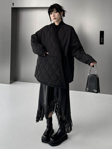 1720281 Long Sleeves Loose Plaid Quilted Solid Color Split-Joint Tied Collarless Outerwear Padded Coat