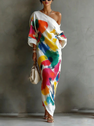Women's Printed One-Shoulder Long Sleeve Maxi Dress Uoozee official Women's Printed One-Shoulder Long Sleeve Maxi Dress Uoozee official
