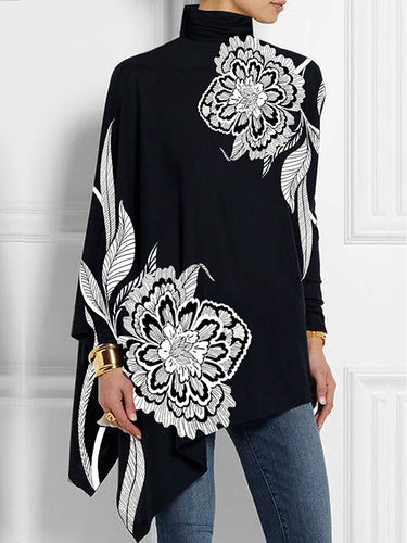 T-shirt a collo alto floreale sciolto con maniche a battito sciolte