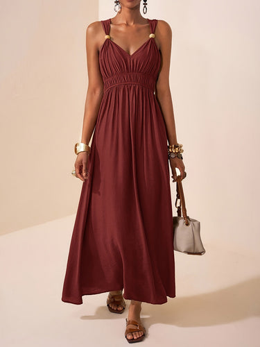 1766659 A-Line Loose Pleated Solid Color Spaghetti-Neck Maxi Dresses