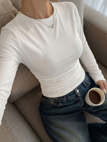 1789304 Solid Color Pleated Elasticity Loose Long Sleeves Round-neck T-Shirts Tops