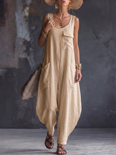 1781482 Loose Sleeveless Pockets Solid Color Square-Neck Jumpsuits