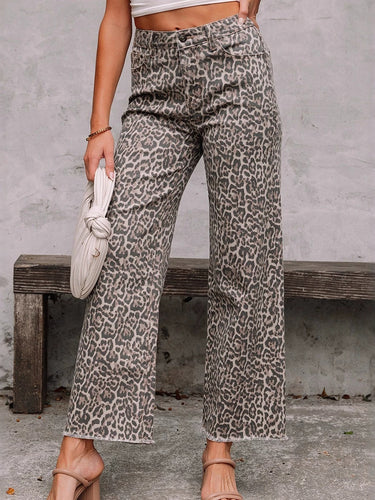 1776935 Bas de pantalon en jean taille haute avec poches léopard