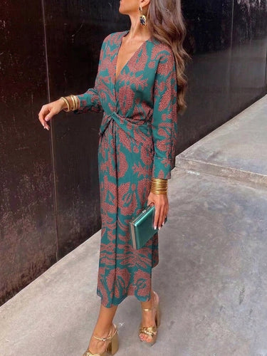 1785792 High Waisted Long Sleeves Contrast Color Knot Printed Deep V-Neck Midi Dresses