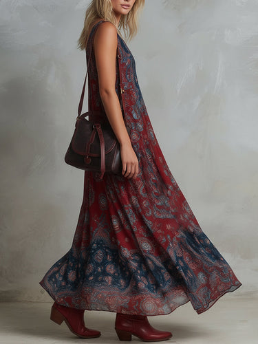 1784075 Loose Sleeveless Contrast Color Pleated Printed V-Neck Maxi Dresses