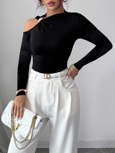 1716262 Long Sleeves Skinny Asymmetric Solid Color Asymmetric Neckline T-Shirts