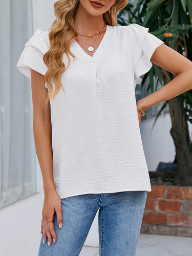 1753295 Blusas de cor sólida com mangas soltas com babados e decote em V texturizado com abertura lateral.&Scamisas Tops