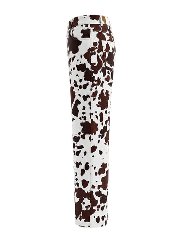 Elasticated Waist High Waisted Contrast Color Cow Printed Split-Joint Pants