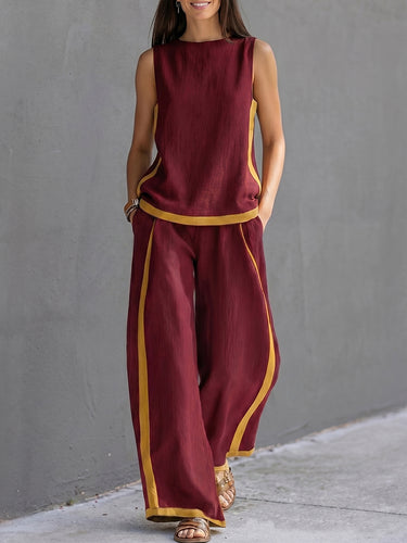 Contrastkleurige broek met hoge taille + mouwloze top met ronde hals, tweedelige set