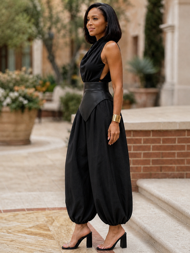 Zipper Solid Color Elasticity Wide Leg Loose Trousers Pants