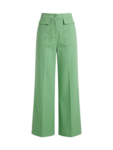 Solid Color Pockets Elasticity Buttoned Wide Leg High Waisted Trousers Pants