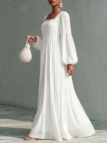 Zipper Split-Joint Solid Color Elasticity Backless Puff Sleeves Loose Square-neck Maxi Dresses