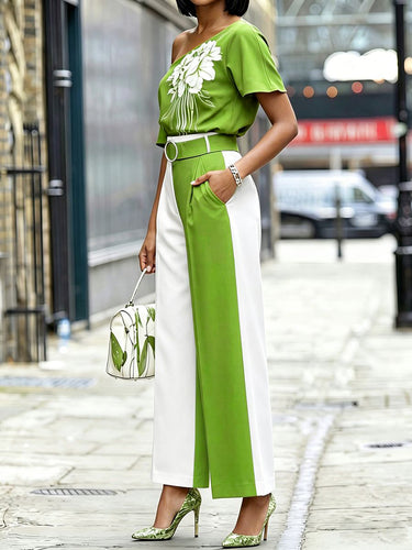 High Waisted Belted Contrast Color Pleated Pockets Pants Trousers