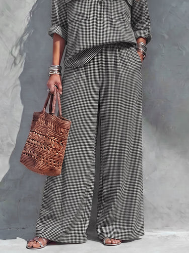 Pockets Plaid Elasticity Contrast Color Wide Leg Loose Trousers Pants