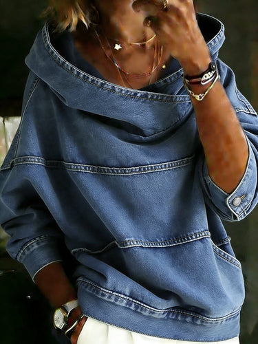 Split-Joint Solid Color Pockets Loose Long Sleeves Hooded Hoodies&sweatshirt Tops