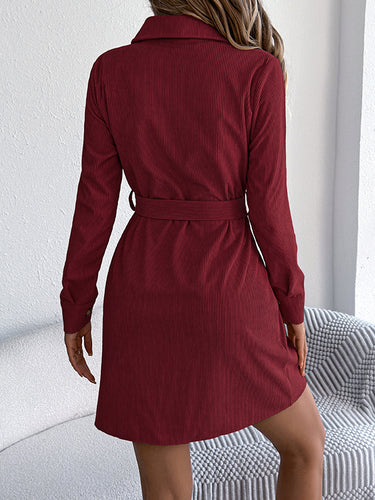 1713252 Elasticated Waist Long Sleeves Belted Buttoned Single-Breasted Solid Color Lapel Collar Mini Dresses Shirt Dress