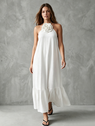 1779086 A-Line Loose Pleated Solid Color Split-Joint Three-Dimensional Flower Halter-Neck Midi Dresses