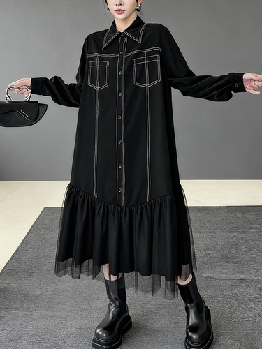 Irregularity Long Sleeves Asymmetric Buttoned Line Solid Color Split-Joint Lapel Midi Dresses Shirt Dress