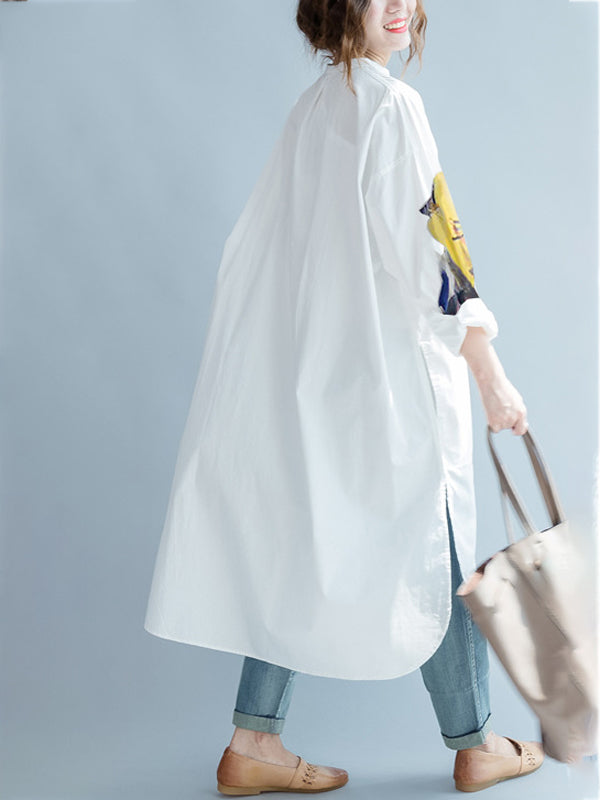 White Asymmetric Printed Split-Side Long Sleeves Shirt Dress Uoozee official White Asymmetric Printed Split-Side Long Sleeves Shirt Dress Uoozee official