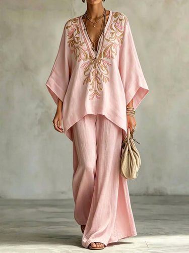 1782841 Batwing Sleeves High-Low Printed Solid Color Deep V-Neck Blouses&Shirts Tops Pants Trousers Two Pieces Set