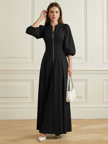 1741419 A-Line Elasticated Waist Pleated Solid Color Split-Joint Zipper Stand Collar Maxi Dresses