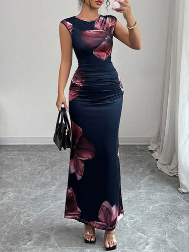 Codecon Sleeveless Contrast Color Flower estampado de cuello redondo Vestidos maxi