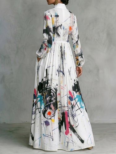 1778500 Long Sleeves Loose Buttoned Pleated Pockets Printed Split-Joint Stand Collar Maxi Dresses Shirt Dress