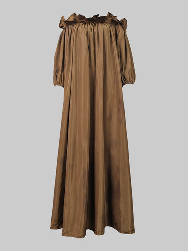 1613206 Loose Puff Sleeves Falbala Pleated Solid Color Off-The-Shoulder Maxi Dresses