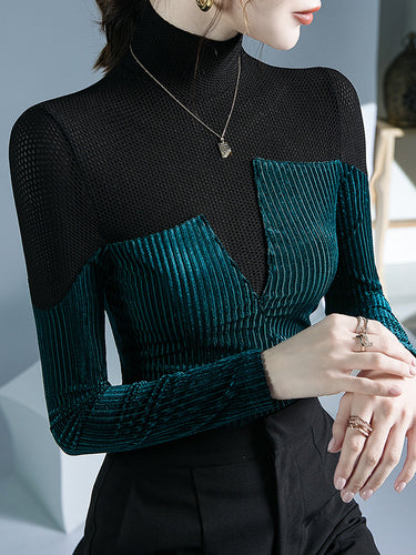 1726663 Long Sleeves Skinny Contrast Color Split-Joint High Neck T-Shirts Tops