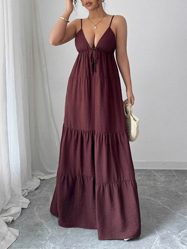1766174 A-Line Sleeveless Backless Drawstring Pleated Solid Color Spaghetti-Neck Maxi Dresses