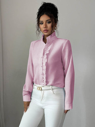 1731607 Long Sleeves Skinny Buttoned Ruffled Split-Joint Striped Stand Collar Blouses&Shirts Tops