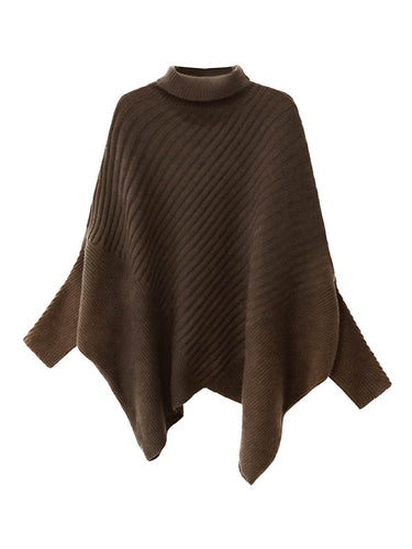 1726273 Batwing Sleeves Irregularity Asymmetric Ribbed Knit Solid Color Split-Joint High Neck Sweater Tops