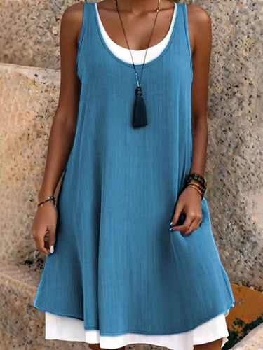 1782338 A-Line False Two Solid Color Split-Joint U-Neck Midi Dresses