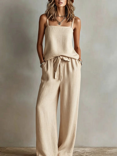 1783292 Loose Plus Size Pockets Solid Color Tied Spaghetti-Neck Vest Top + Pants Bottom Two Pieces Set