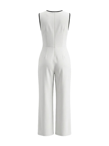 Loose Sleeveless Contrast Color Pockets Zipper V-Neck Jumpsuits