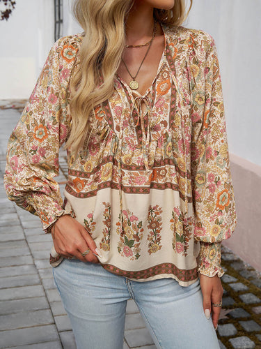 1744078 Long Sleeves Loose Contrast Color Drawstring Flower Print Pleated Split-Joint V-Neck Blouses&Shirts Tops