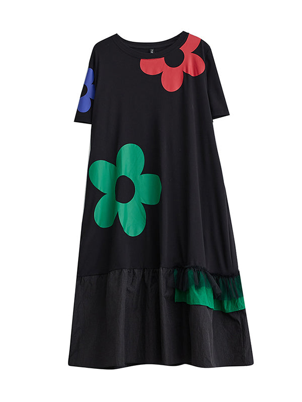 Loose Short Sleeves Floral Printed Pleated Split-Joint Round-Neck Midi Dresses